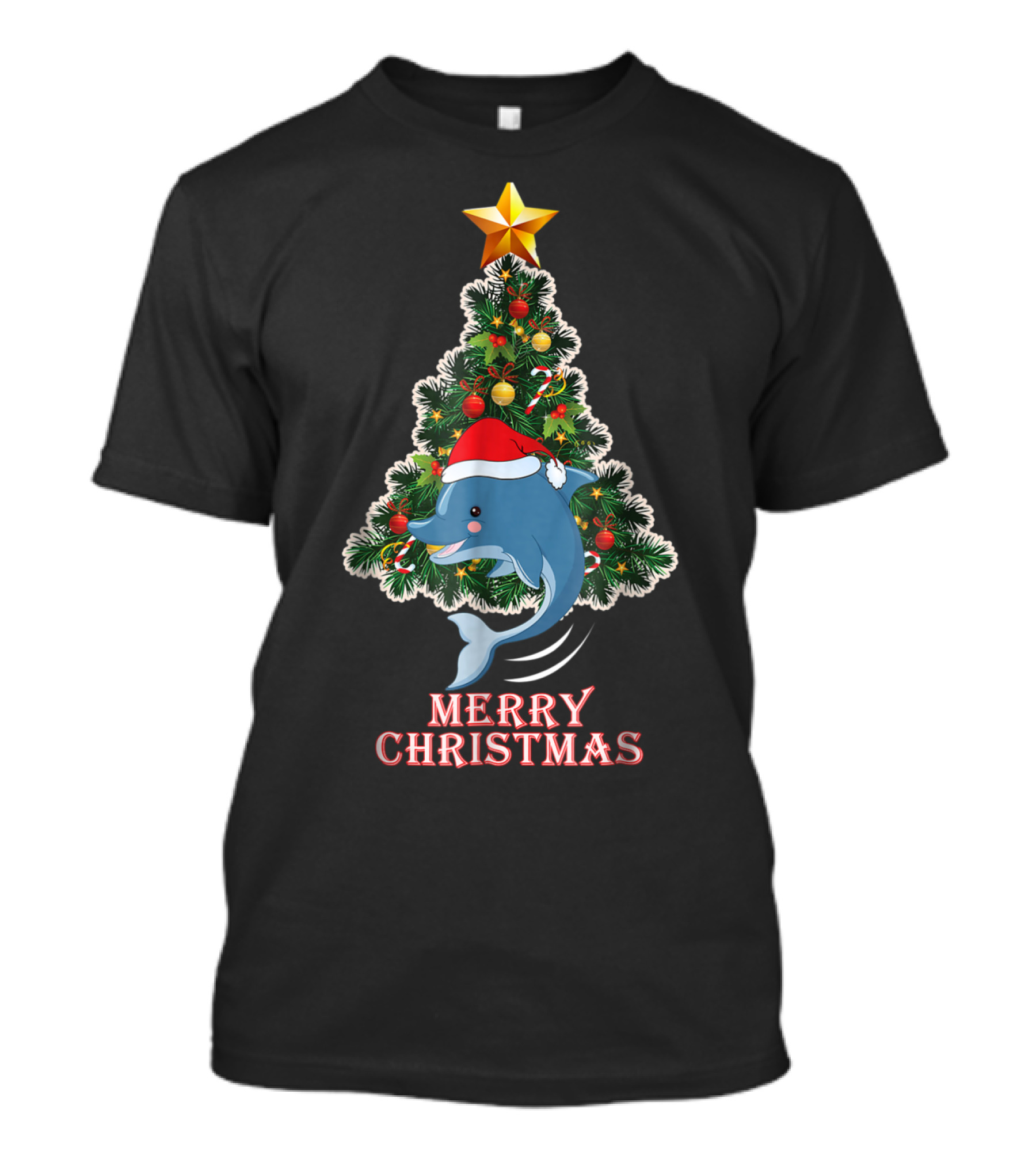 Merry Christmas Dolphin Tree With Santa Hat For Xmas T-Shirt