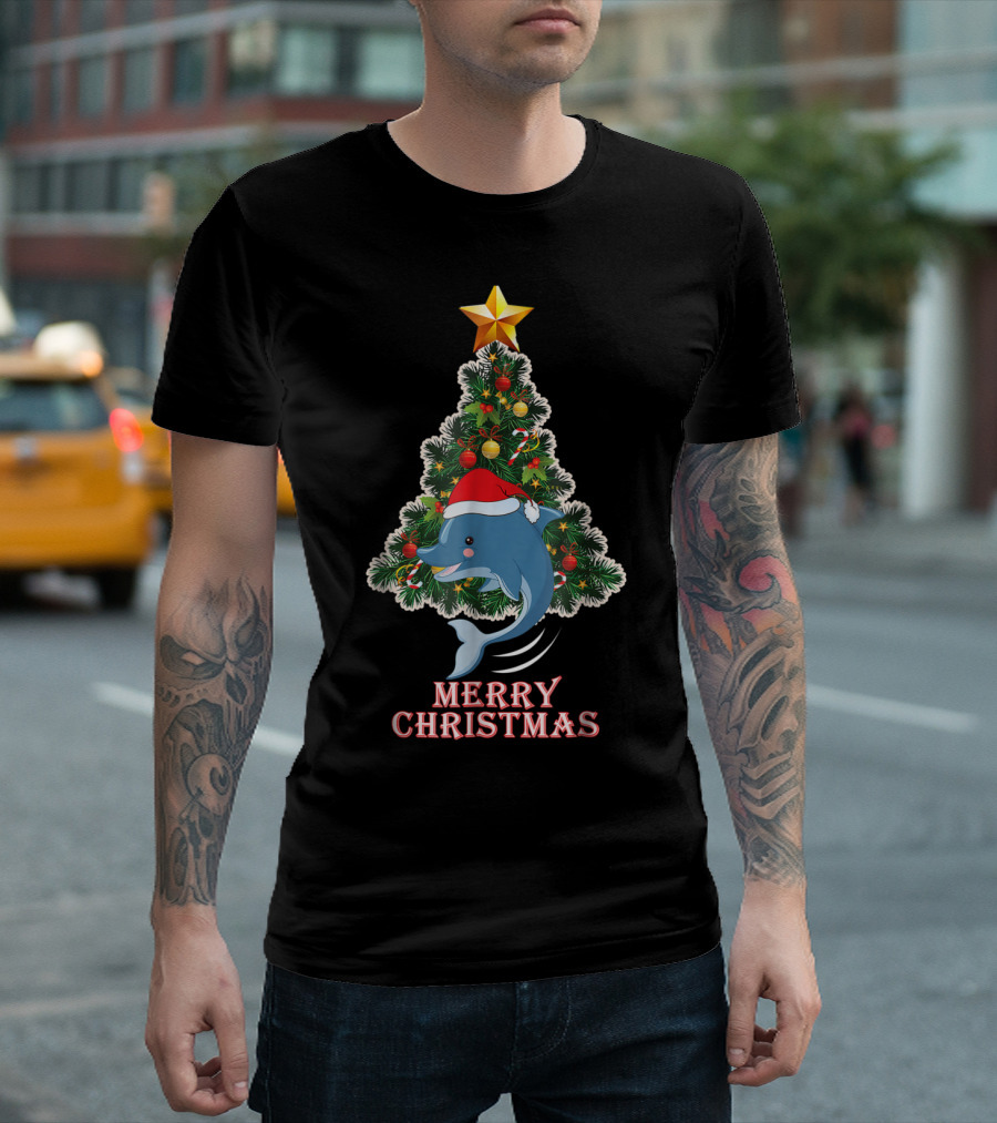 Merry Christmas Dolphin Tree with Santa Hat for Xmas T-Shirt