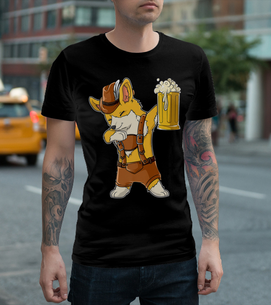 Dabbing Corgi in Lederhosen with Beer Mug at Oktoberfest T-Shirt