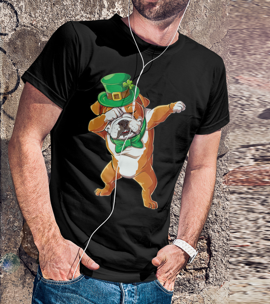 Dabbing English Bulldog St Patricks Day Leprechaun Hat Bow Tie T-Shirt