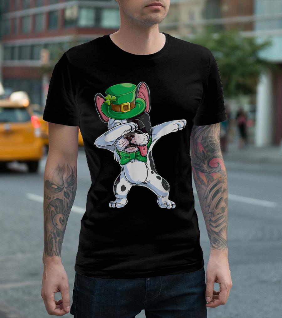 Dabbing French Bulldog St Patricks Day Leprechaun Hat Bow Tie T-Shirt