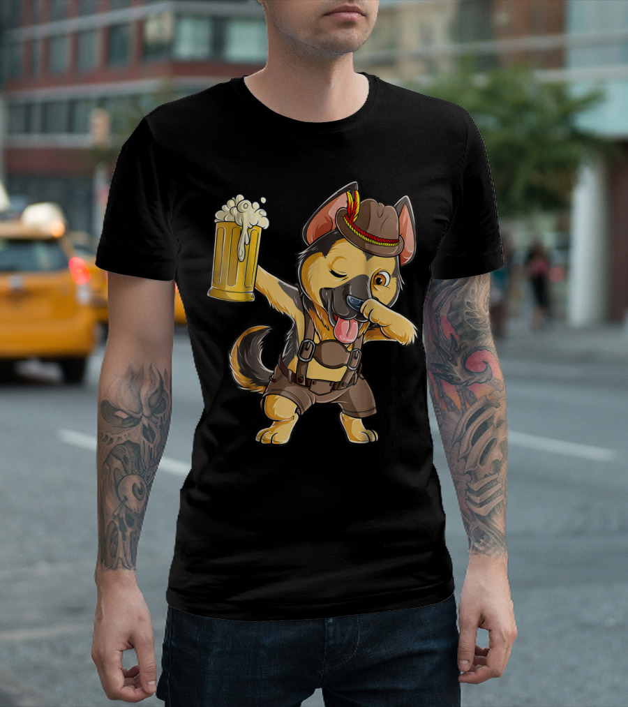 Dabbing German Shepherd Dab Men Prost Drinking Beer Oktoberfest Lederhosen T-Shirt