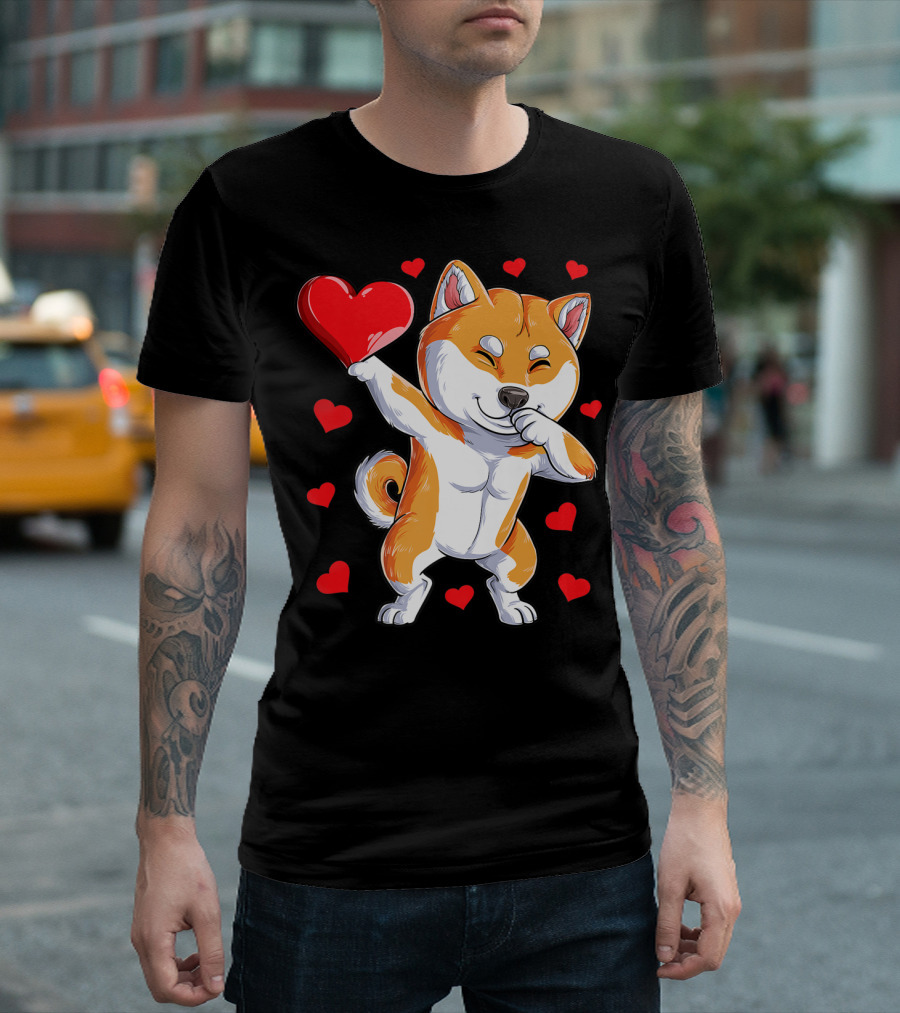 Dabbing Shiba Inu Holding Heart Valentines Day Dog Lover Boys T-Shirt