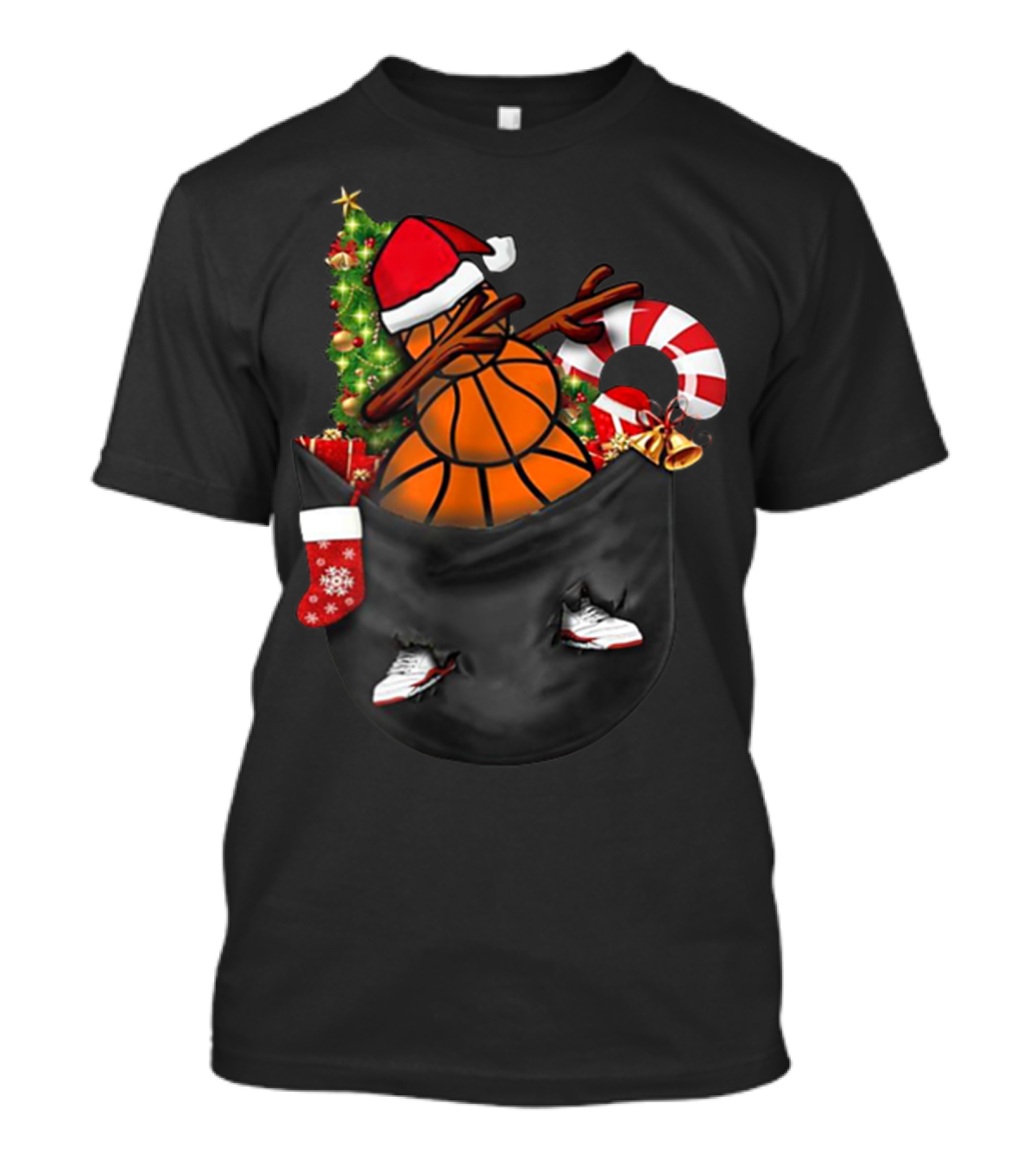 Dabbing Snowman Basketball Santa Hat Christmas Pocket T-Shirt