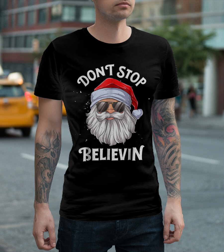 Dont Stop Believin Santa Christmas Boys Sunglasses Holiday T-Shirt