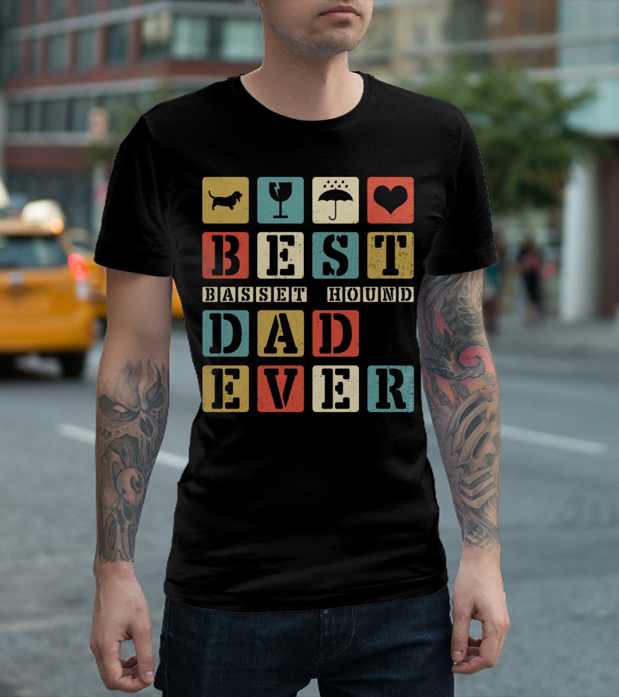 Best Basset Hound Dad Ever Vintage Style76 Retro Blocks T-Shirt