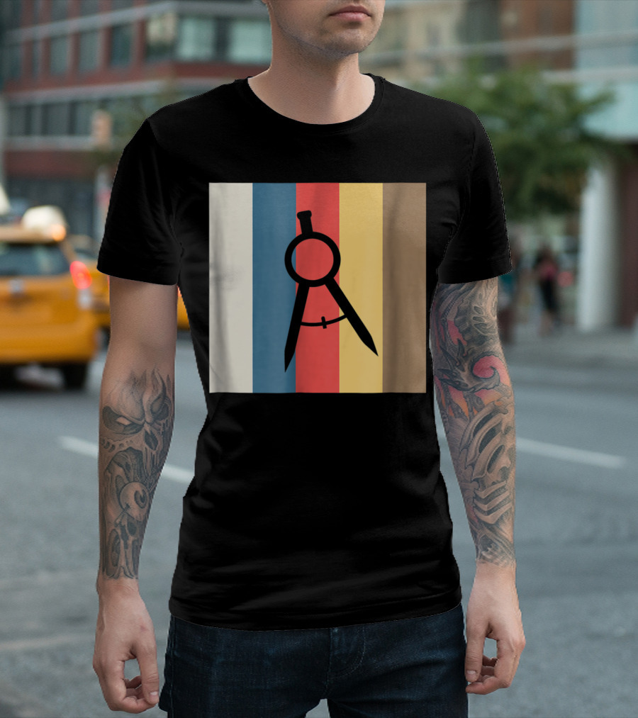 Cool Divider Vintage Architecture Compass on Retro Color Stripes T-Shirt