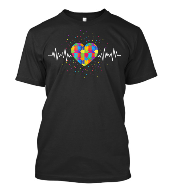 Autism Awareness Heart Puzzle Piece With Heartbeat Pattern Mom T-Shirt