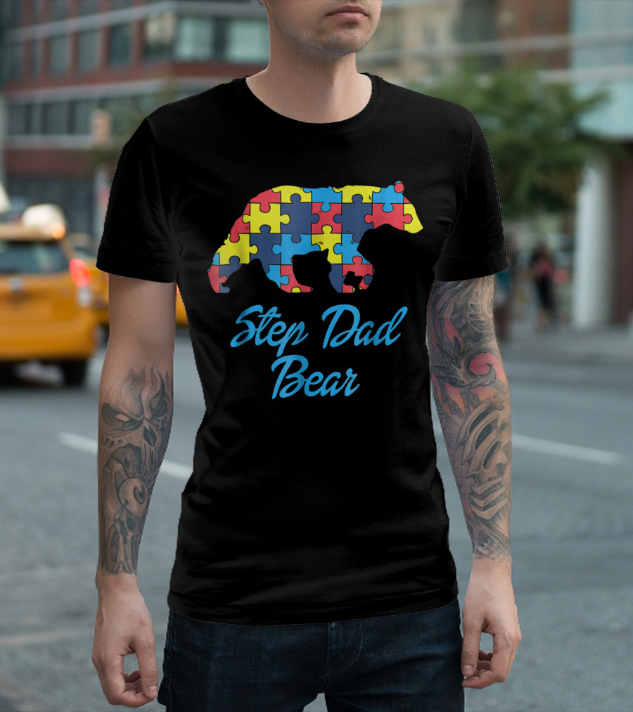 Step Dad Bear Autism Awareness Puzzle T-Shirt