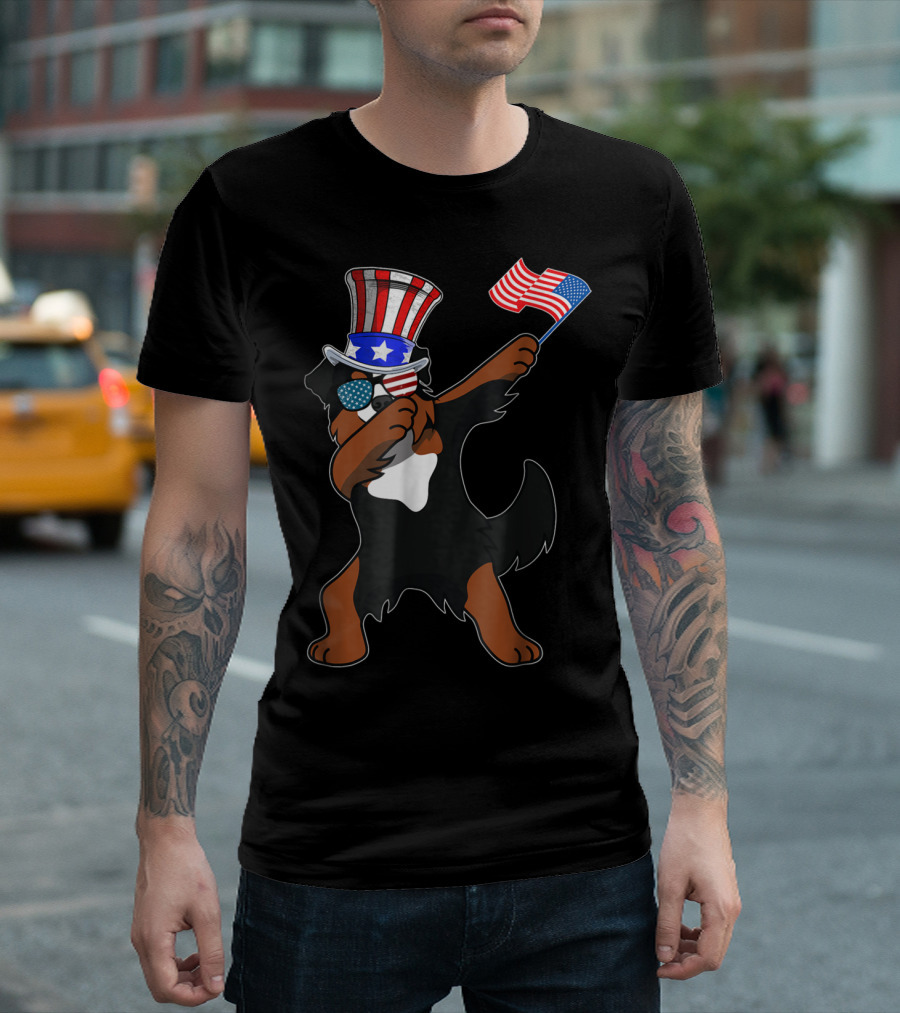 Bernese Mountain Dog Dabbing Patriotic Dog Dad 4th Of July T-Shirt