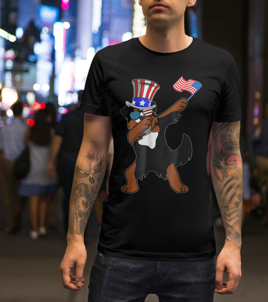 Bernese Mountain Dog Dabbing Patriotic Dog Dad 4th Of July T-Shirt
