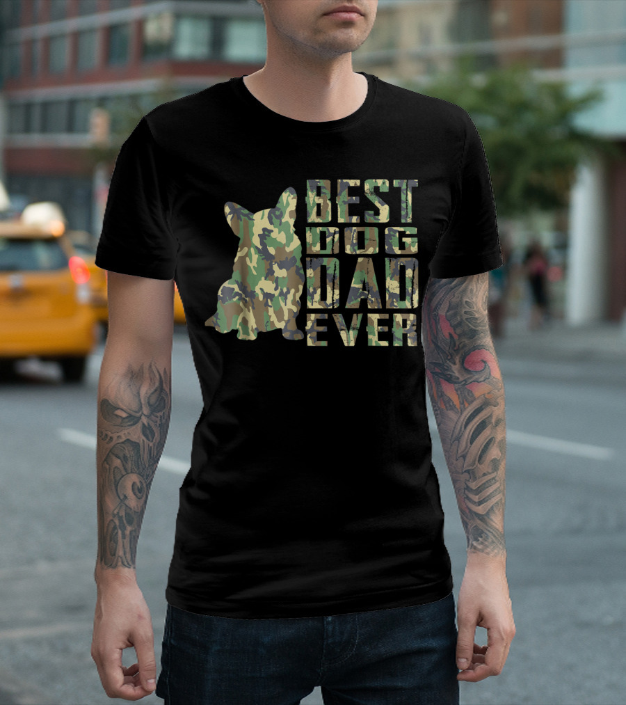 Best Dog Dad Ever Camo Pattern Text with Dog T-Shirt