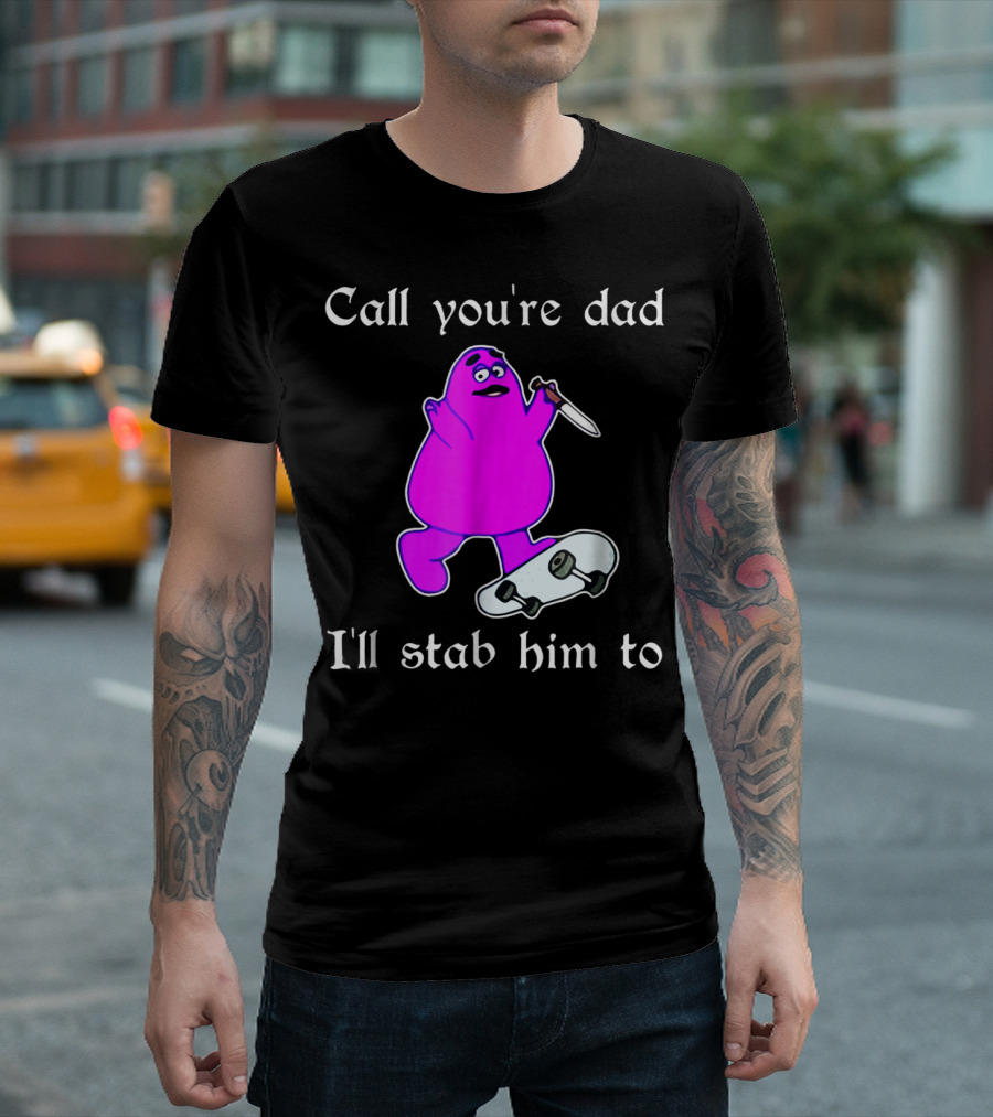 Call Youre Dad Ill Stab Him To Purple Skateboarding Character with Knife T-Shirt