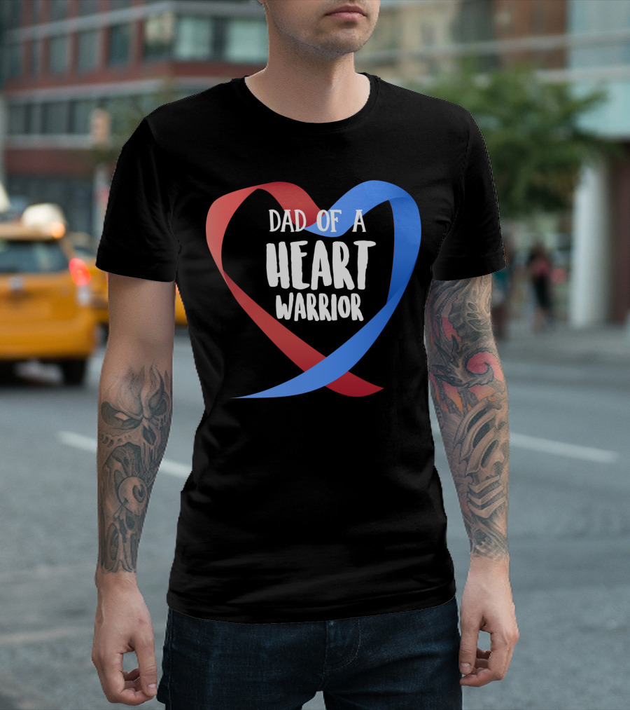 Dad of a Heart Warrior CHD Awareness Red and Blue Ribbon Heart T-Shirt