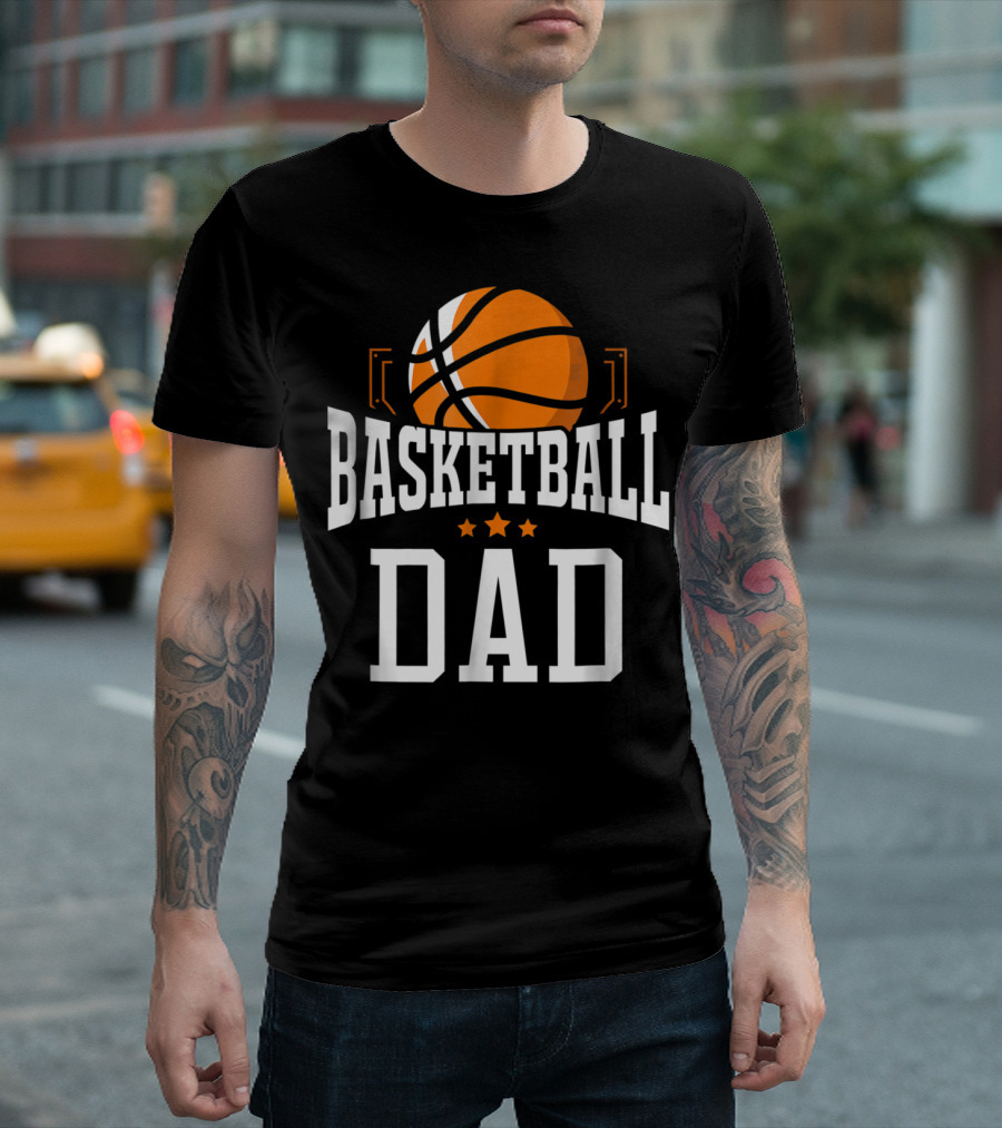 Basketball Dad with Orange Hoop Icon and Stars T-Shirt