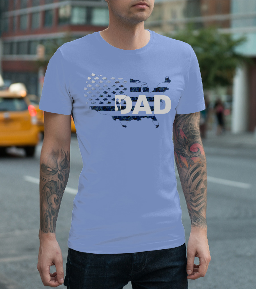 Dad Camouflage Flag Map USA Fish T-Shirt