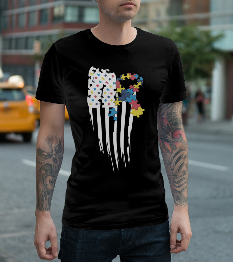 Autism Awareness Month Stars And Stripes Puzzle Ribbon Flag T-Shirt