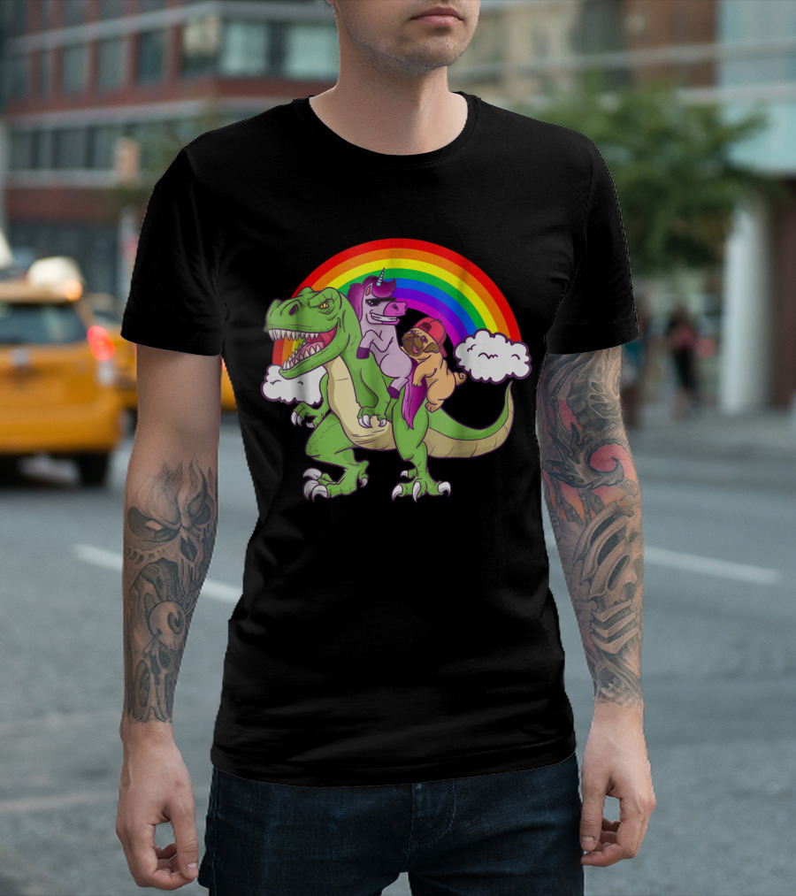 Dinosaur Unicorn Pug Dog Lovers Rainbow Adventure T-Shirt