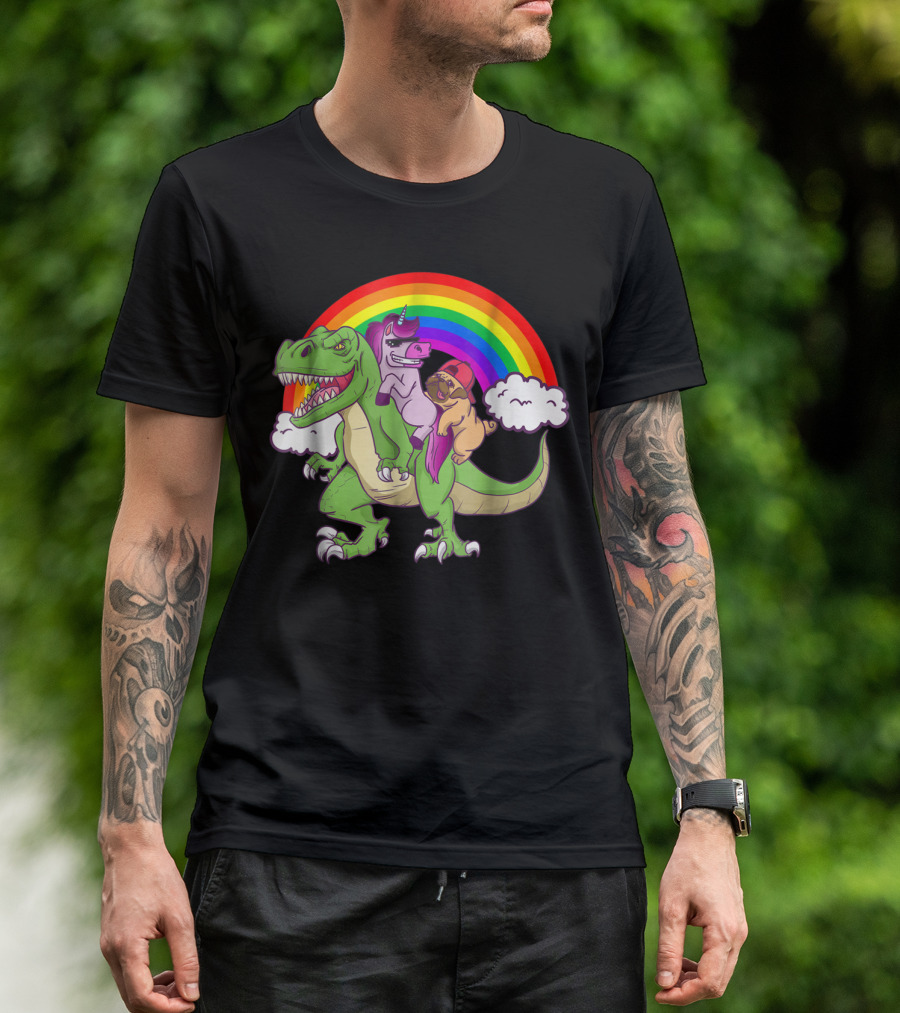 Dinosaur Unicorn Pug Dog Lovers Rainbow Adventure T-Shirt