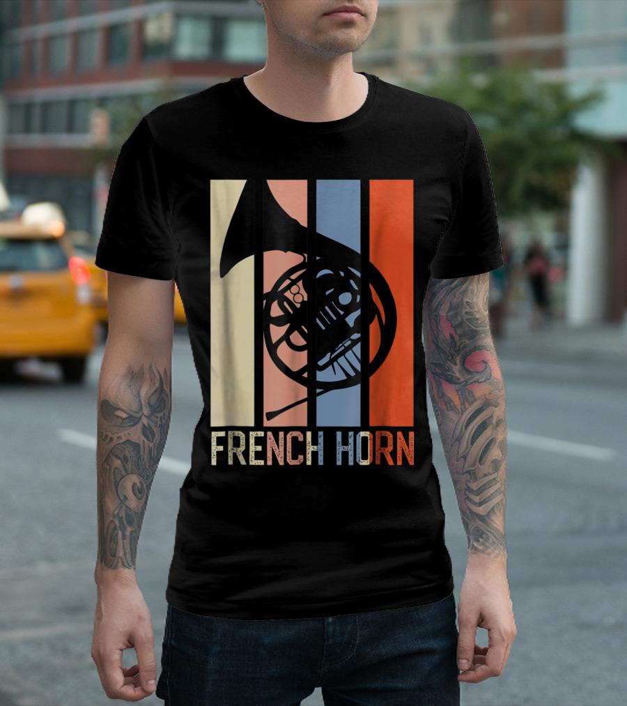 French Horn Dad Marching Band High School Strip Style Retro Music 22 T-Shirt