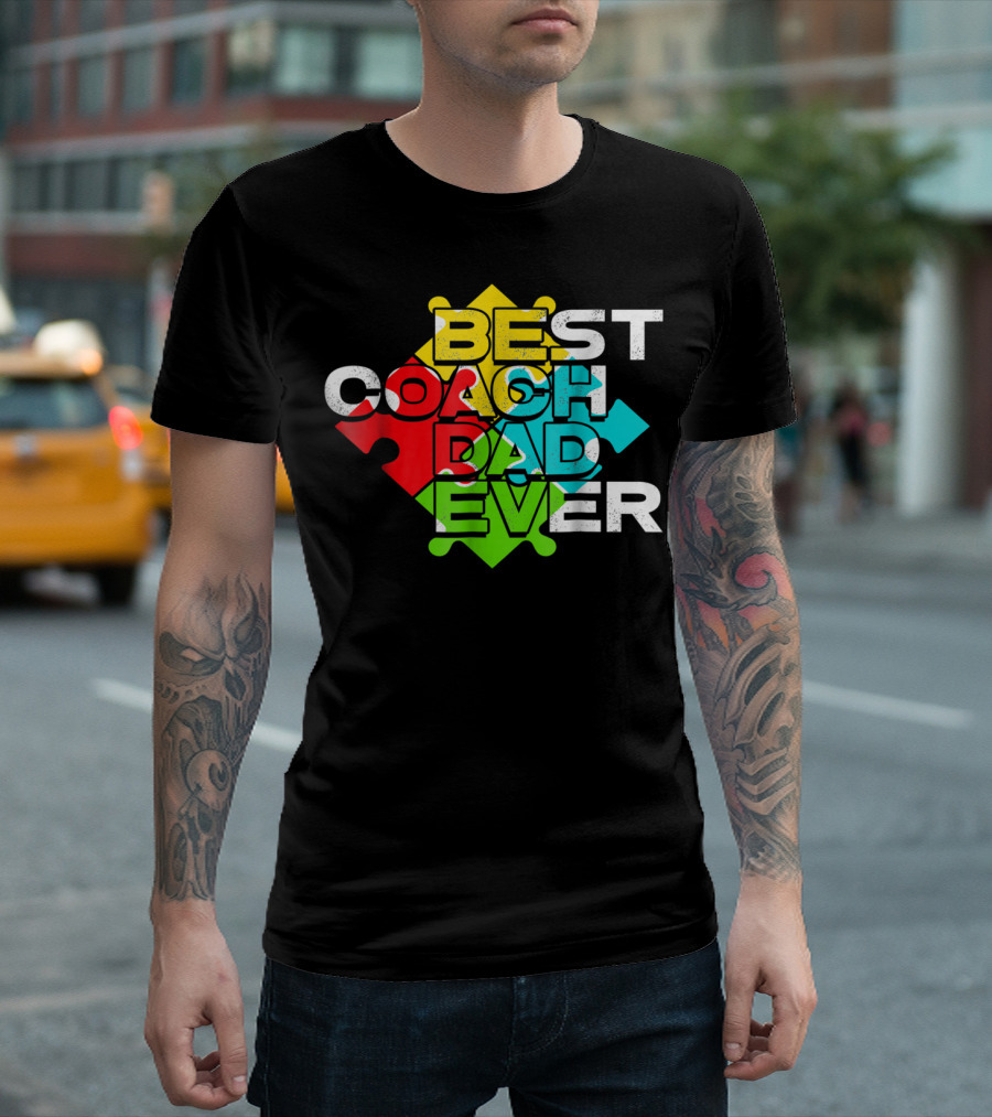 Best Coach Dad Ever Autism Puzzle Piece Colors 90s T-Shirt