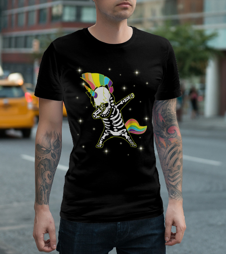 Dabbing Unicorn Skeleton Dad Hip Hop Xray Rainbow Mane Tail Starry Background T-Shirt