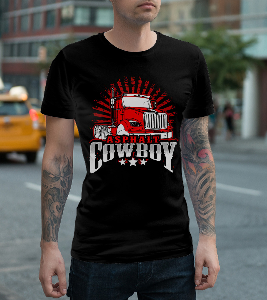 Asphalt Cowboy Red Truck Driver Dad Humor T-Shirt