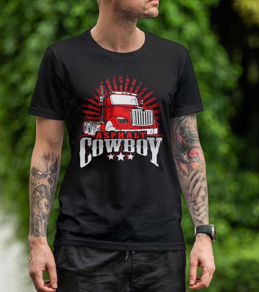 Asphalt Cowboy Red Truck Driver Dad Humor T-Shirt