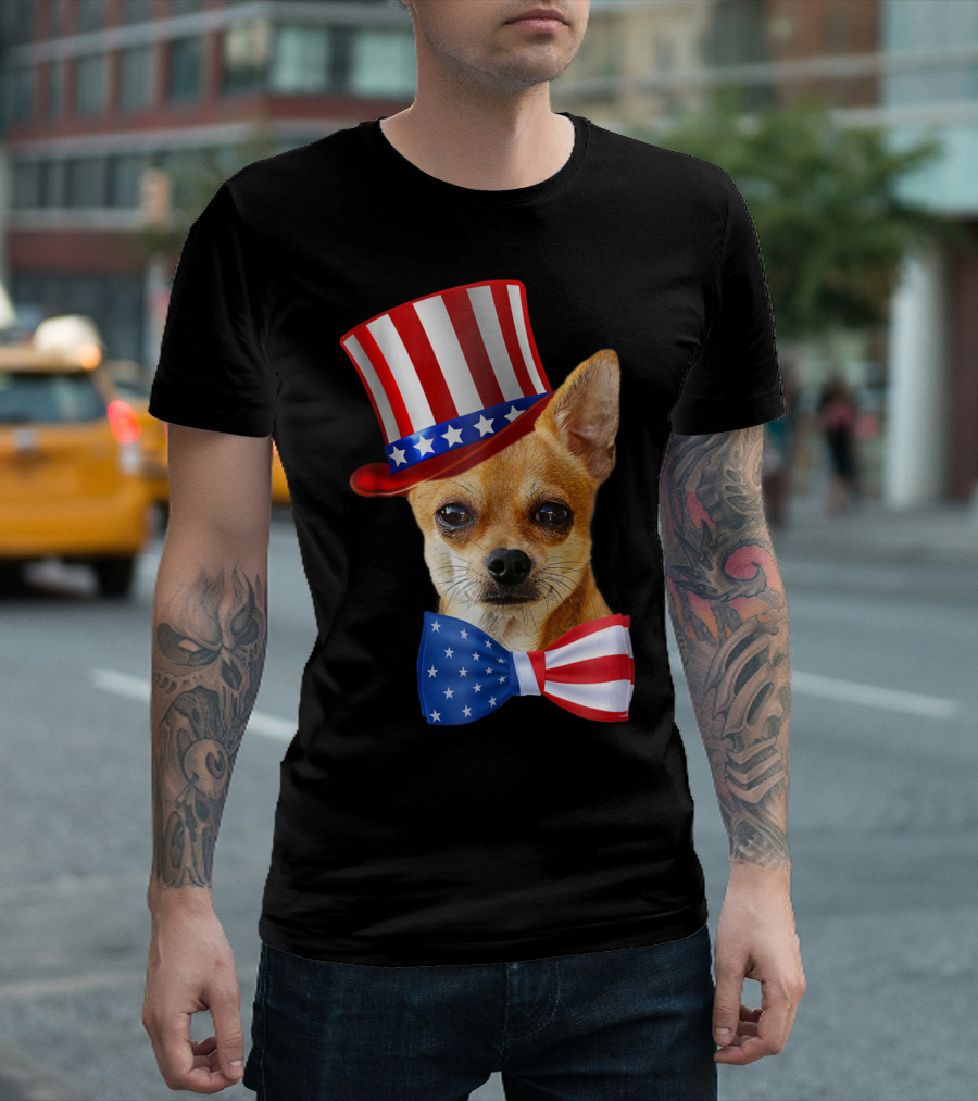 Chihuahua Uncle Sam Hat and Bowtie American Flag T-Shirt