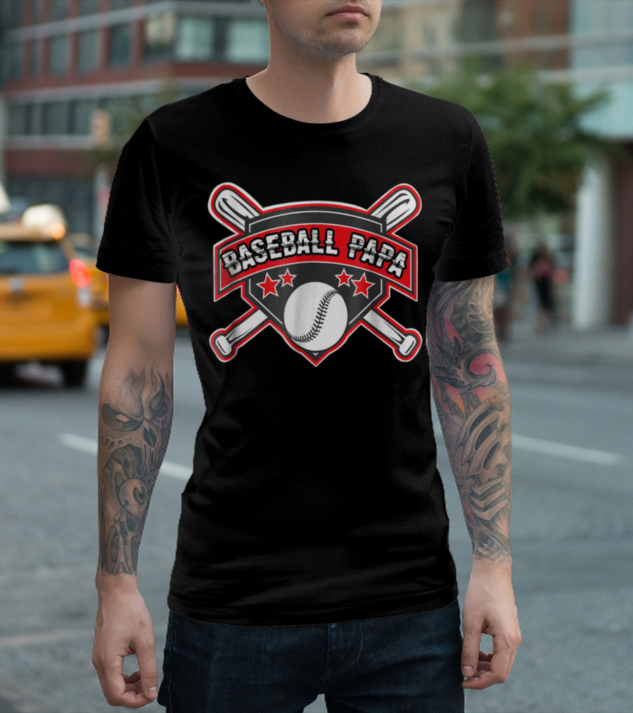 Baseball Papa Shield with Crossed Bats and Stars T-Shirt