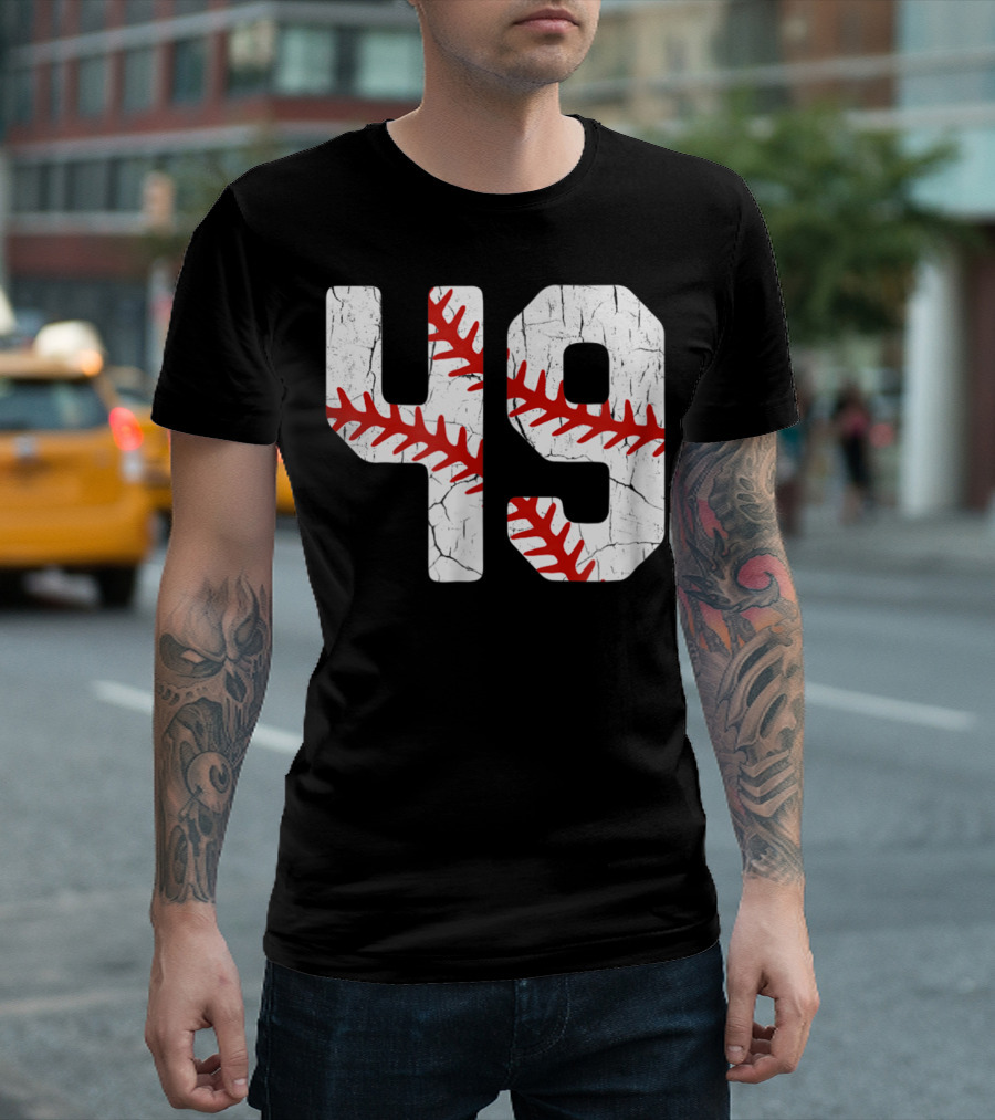 Baseball Player Jersey Number 49 Red Stitching T-Shirt