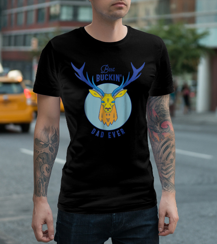 Best Buckin' Dad Ever Deer Hunting Stag Head Blue And Yellow Circle T-Shirt