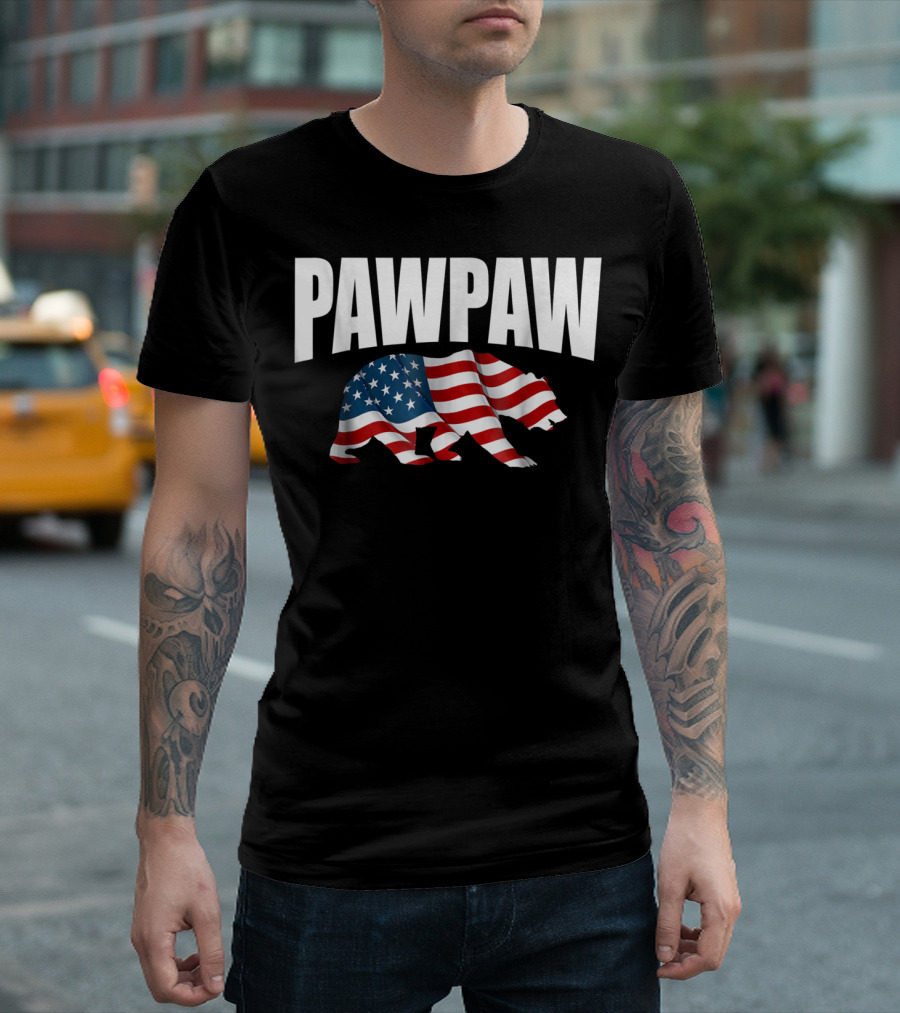 Pawpaw Bear USA Flag Dad Grandpa 4th Of July T-Shirt