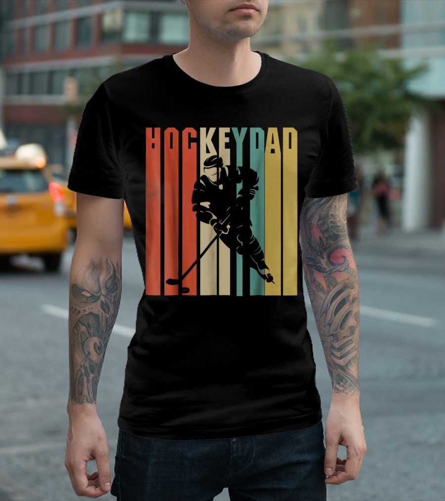Classic Vintage Hockey Dad Player Silhouette Retro Stripes T-Shirt