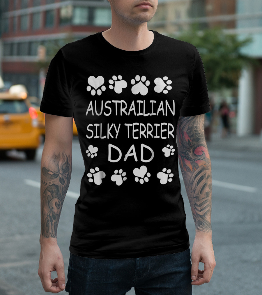 Australian Silky Terrier Dad Paw Lover Hearts T-Shirt