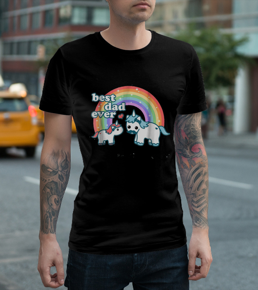 Best Dad Ever Cute Unicorn Rainbow with Heart and Stars T-Shirt