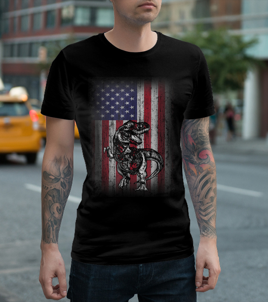 Dinosaur Rex Patriotic American Flag First Time Dad T-Shirt