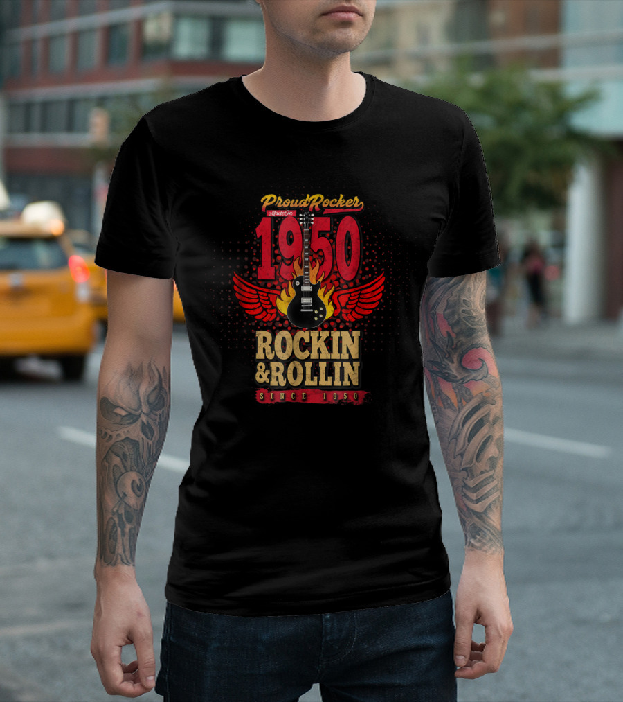 Proud Rocker Made in 1950 Flaming Wing Guitar Rockin and Rollin Since 1950 T-Shirt