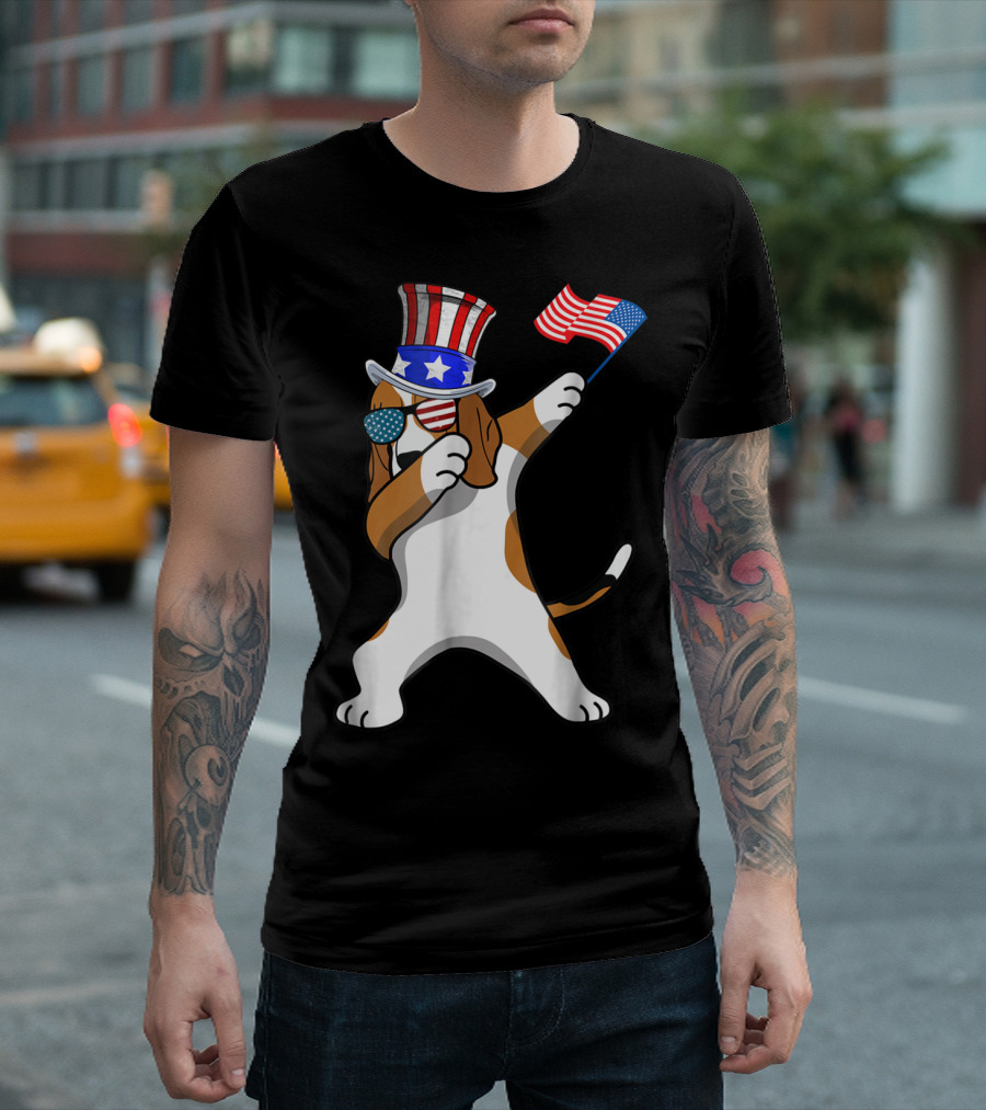 Patriotic Beagle Dabbing Dog Dad 4th of July American Flag Hat Sunglasses T-Shirt