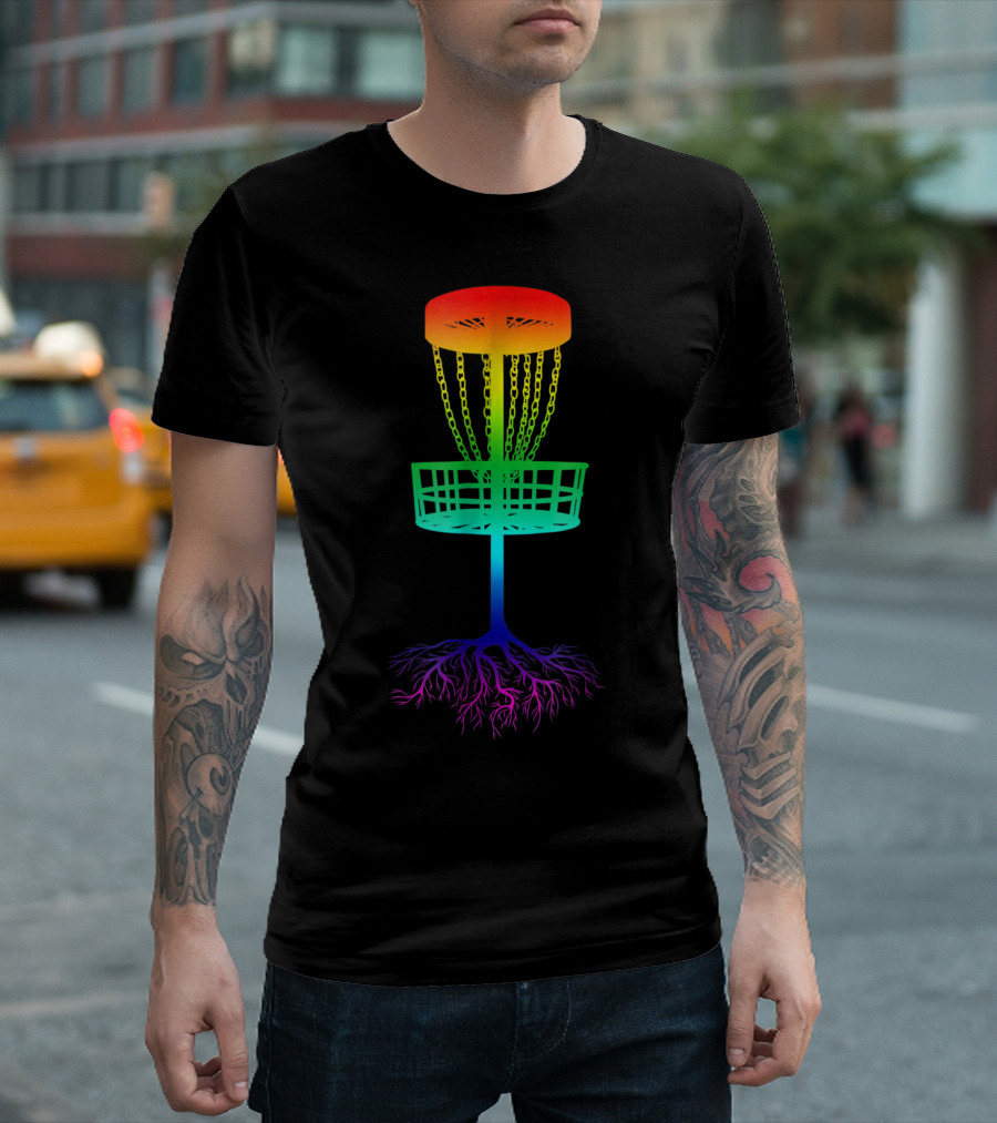 Rainbow Disc Golf Basket with Vibrant Roots T-Shirt
