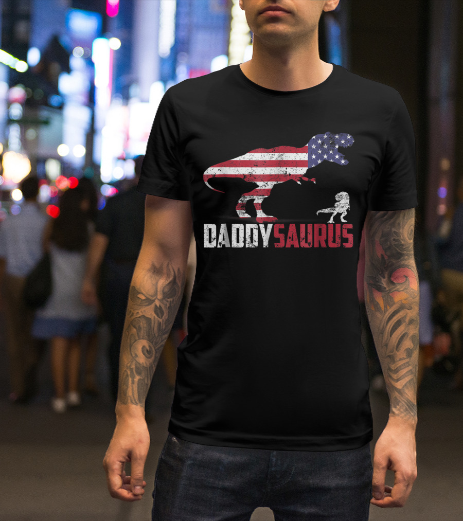 American Flag Dinosaur Dad Dadsaurus 4th Of July Daddy Daddysaurus T-Shirt