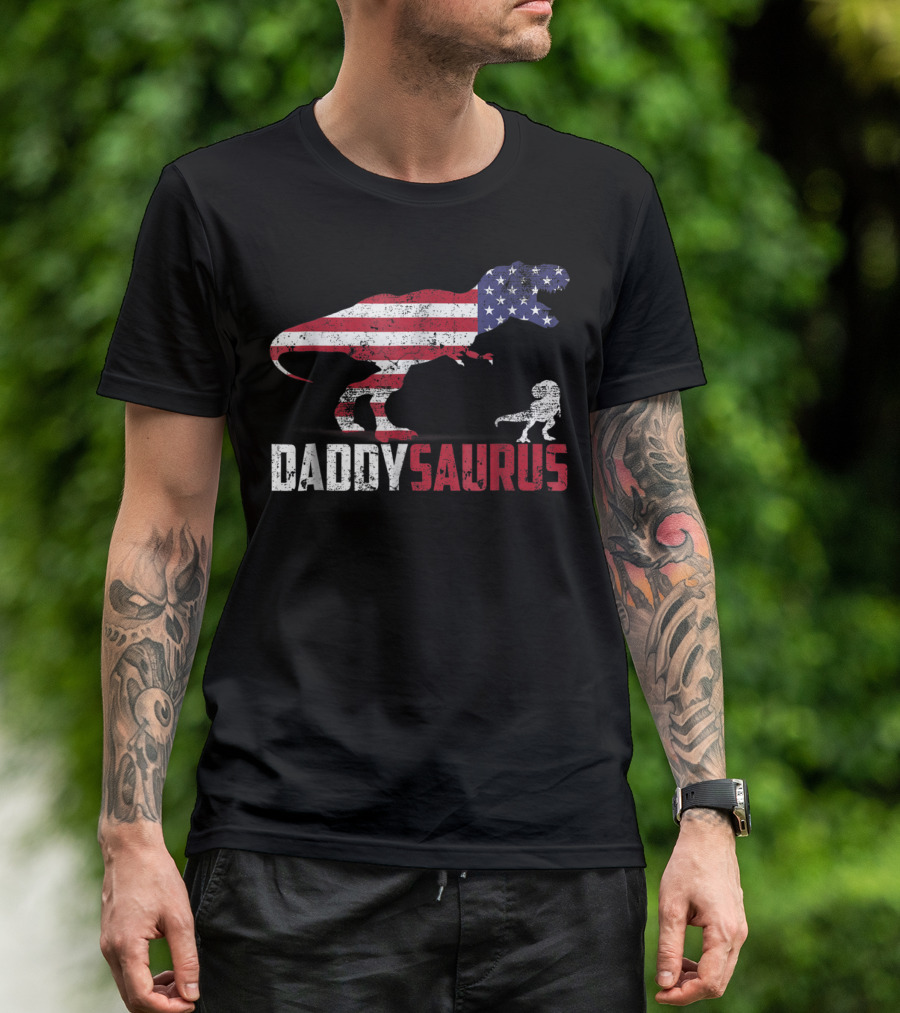 American Flag Dinosaur Dad Dadsaurus 4th Of July Daddy Daddysaurus T-Shirt
