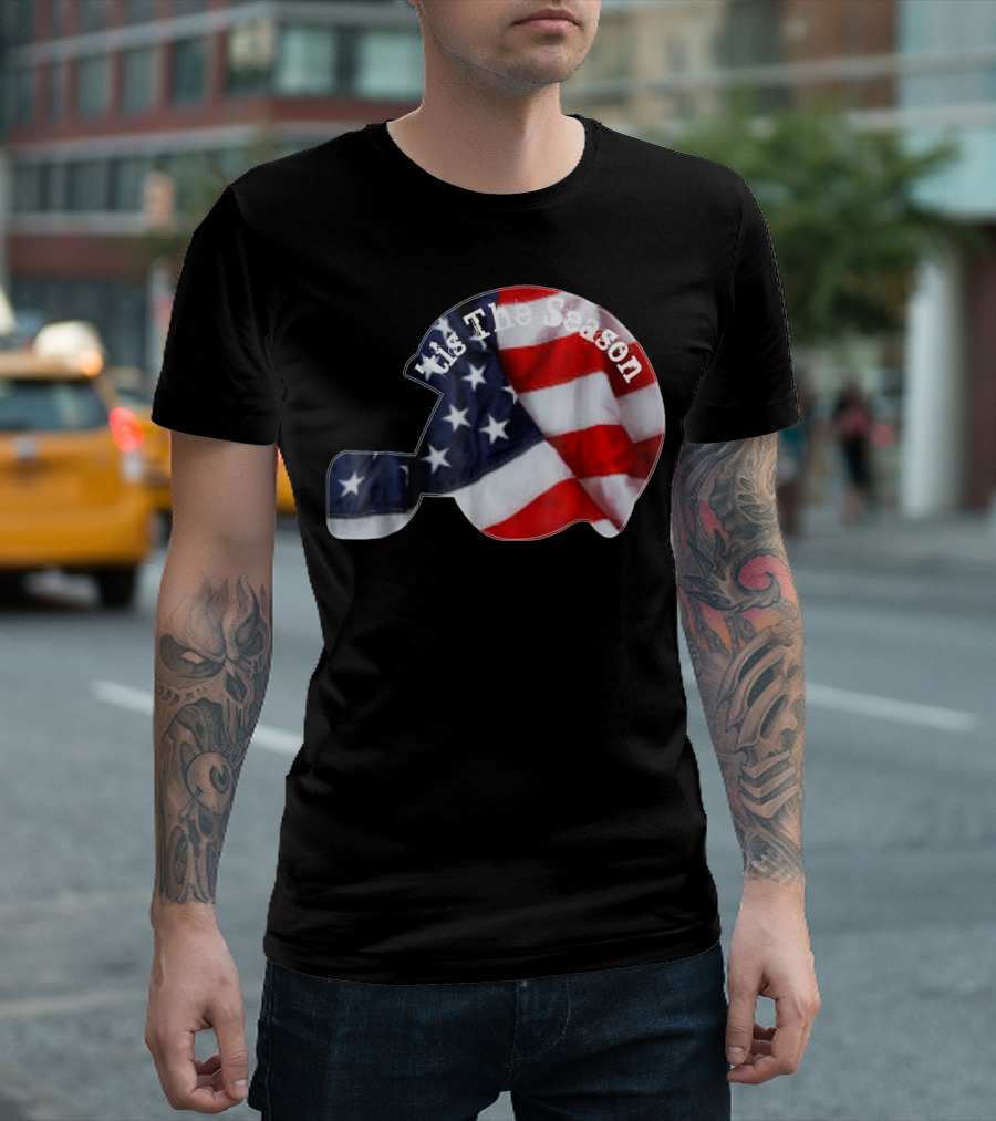 Tis The Season American Football Helmet with Flag Design Sports Fan T-Shirt