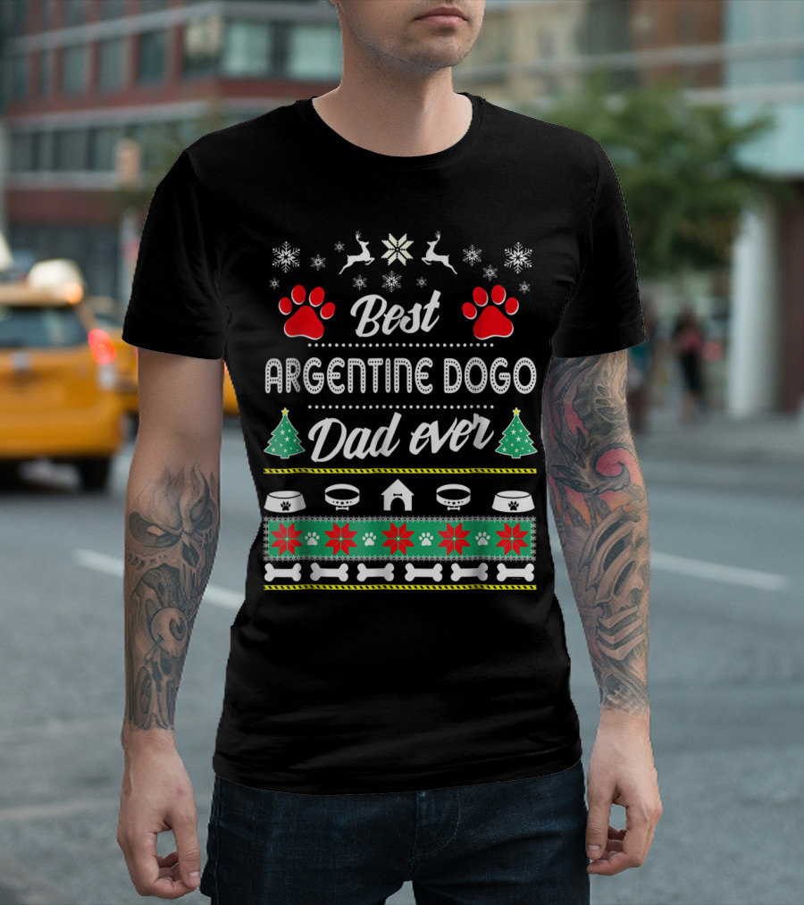 Best Argentine Dogo Dad Ever Christmas Paws Snowflakes Trees T-Shirt