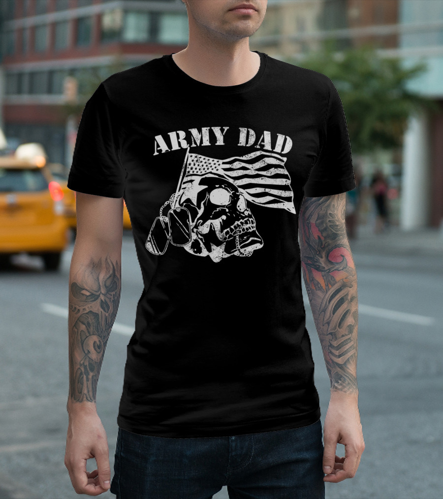 Army Dad Skull With American Flag And Dog Tags Veterans Pride T-Shirt