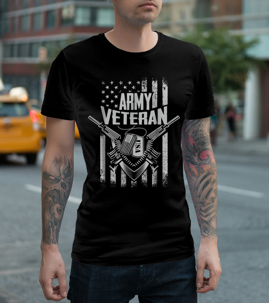Army Veteran USA with Military Flag and Guns T-Shirt
