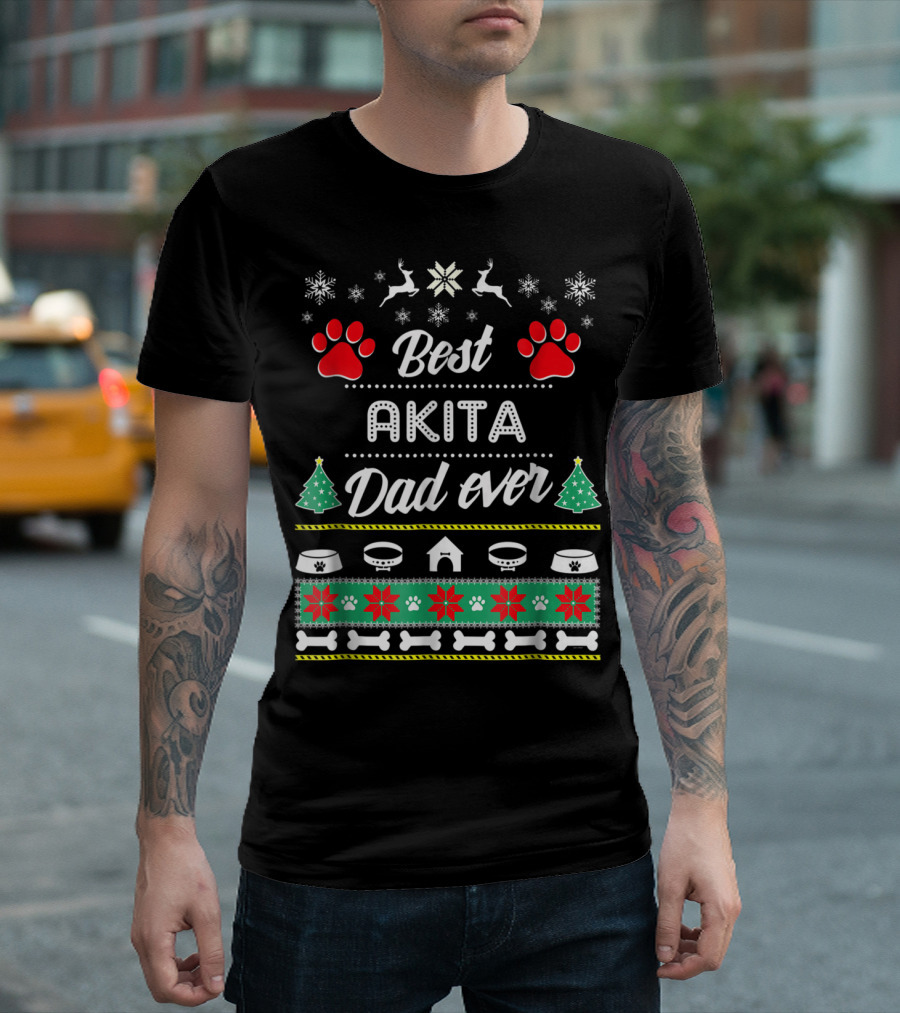 Best Akita Dad Ever Ugly Christmas Sweater Paw Prints Snowflakes Reindeer Trees Bowls Bones T-Shirt