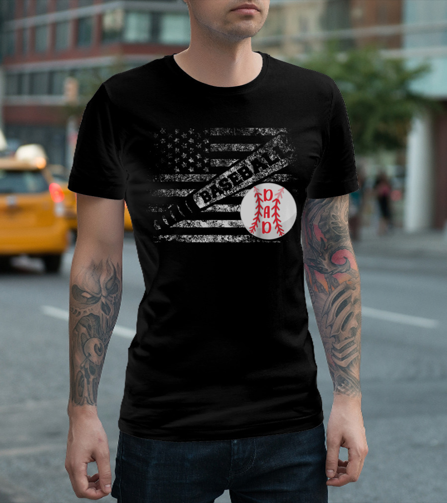 Baseball Dad American Flag with Bat and Ball T-Shirt