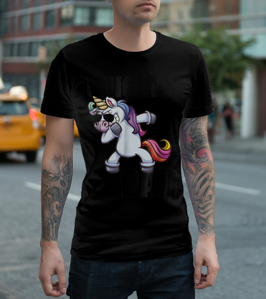 Unicorn Dad Dabbing with Sunglasses and Rainbow Mane T-Shirt