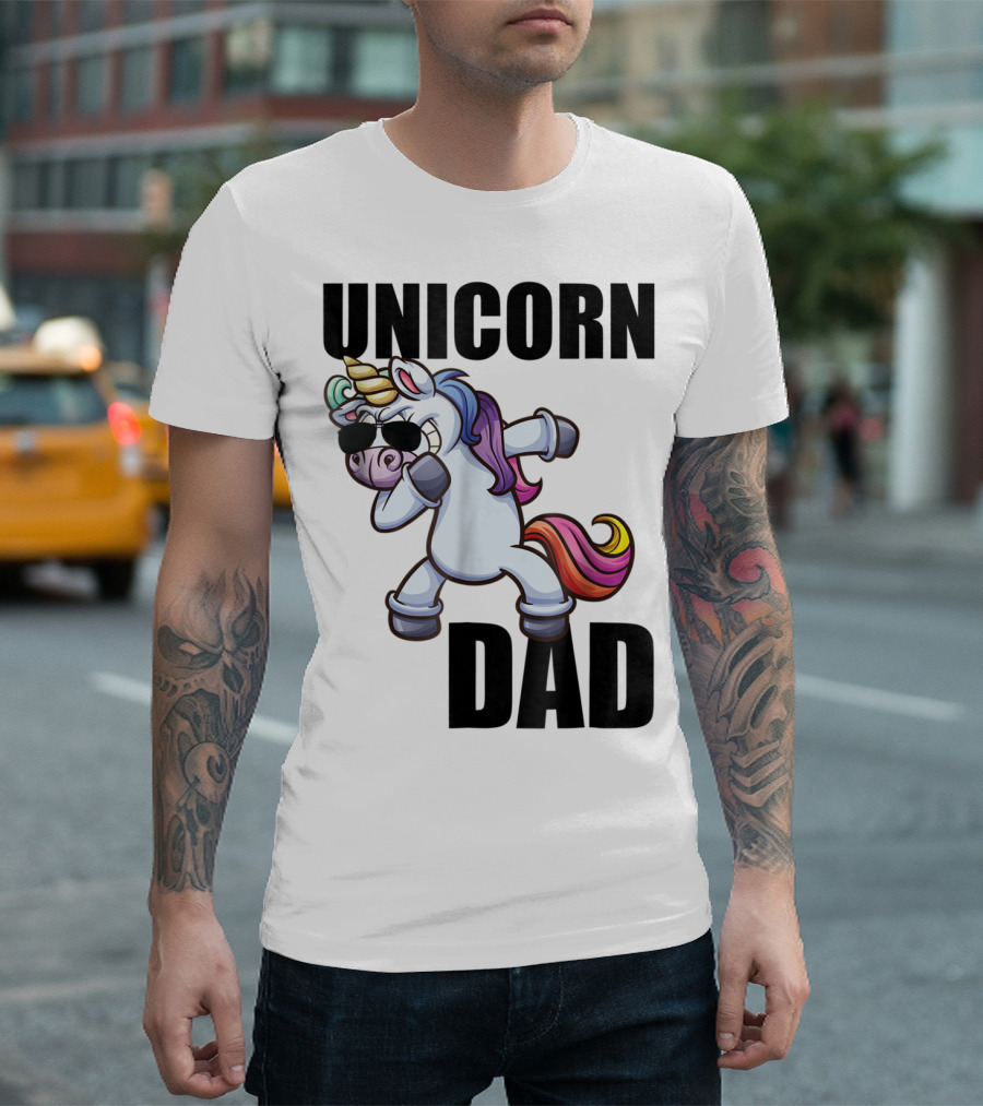 Unicorn Dad Dabbing with Sunglasses and Rainbow Mane T-Shirt